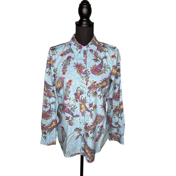 Talbots Women's Blue Swirly Paisley Cotton Button Front Shirt XS - Picture 1 of 10